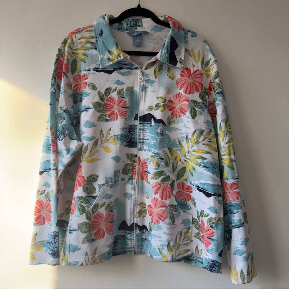 Koret Floral Zip-Front Jacket in Light Blue and Coral